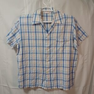 Derek Rose Shirt Mens L Blue Plaid Camp Collar Short Sleeve Cotton Button Up